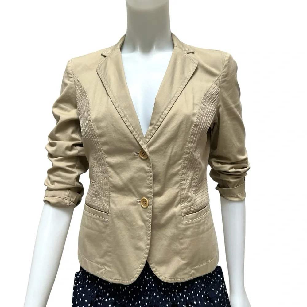 DKNY Tan Cropped Blazer Cotton Fitted Office Carrier Preppy Academia‎ Minimalist